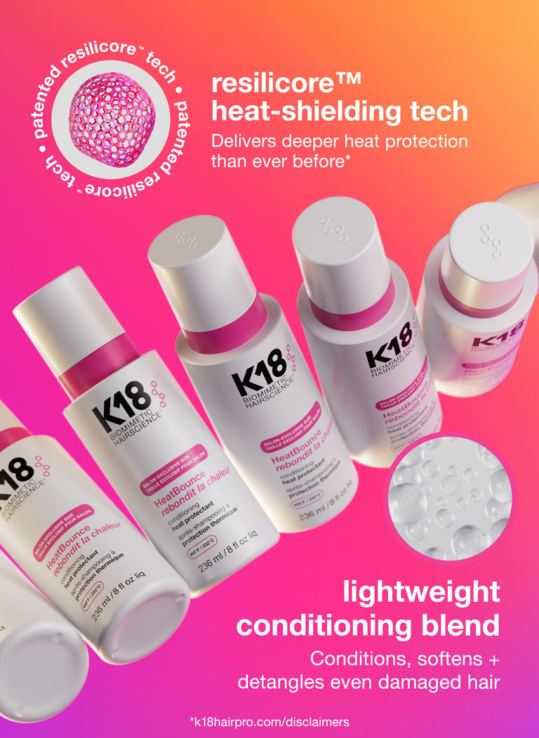 k18-hair-care-products-with-ressilicore-heat-shielding-technology-on-a-pink-background