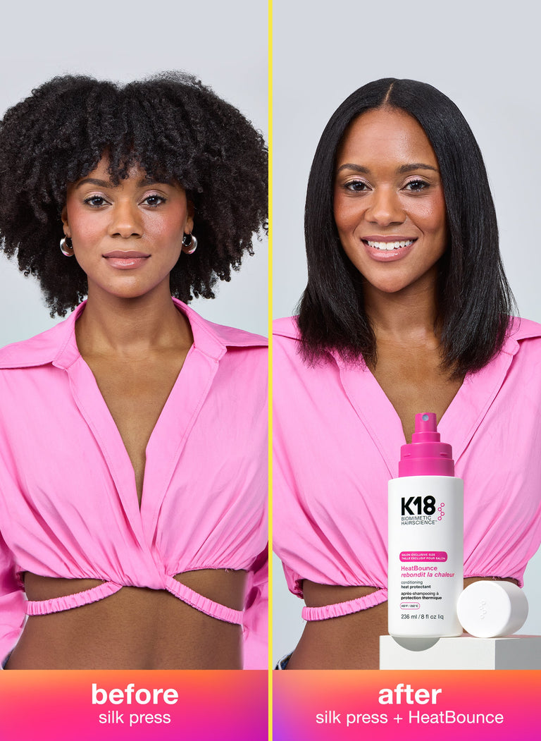 before-and-after-comparison-of-a-woman-using-k18-hair-product-with-a-bottle-of-k18-heatbounce-product-in-the-foreground