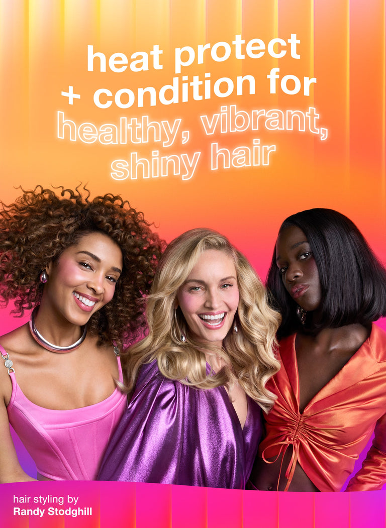 three-women-with-styled-hair-against-a-colorful-background-with-text-about-heat-protection-conditioning-for-healthy-vibrant-shiny-hair